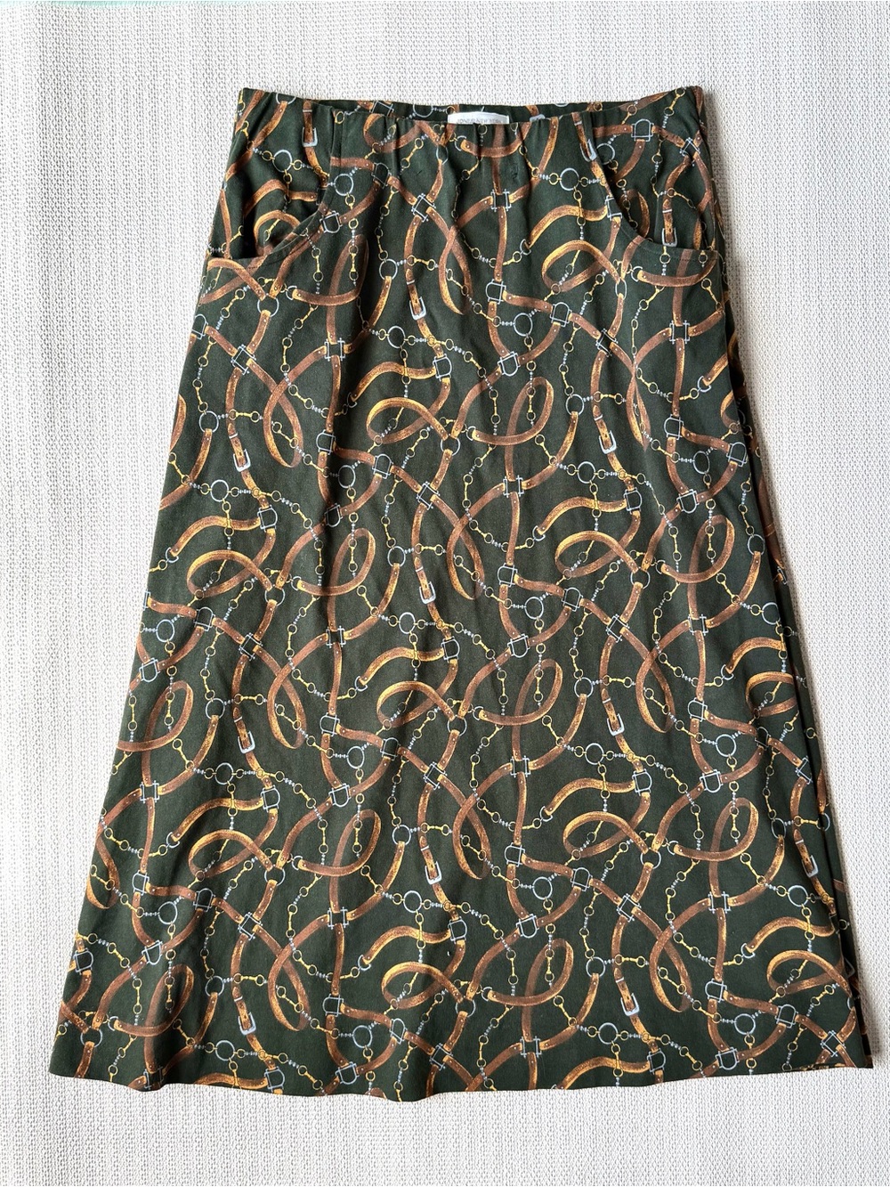 Jones New York Dark Green A-Line Skirt with Brown Graphic Chain Print